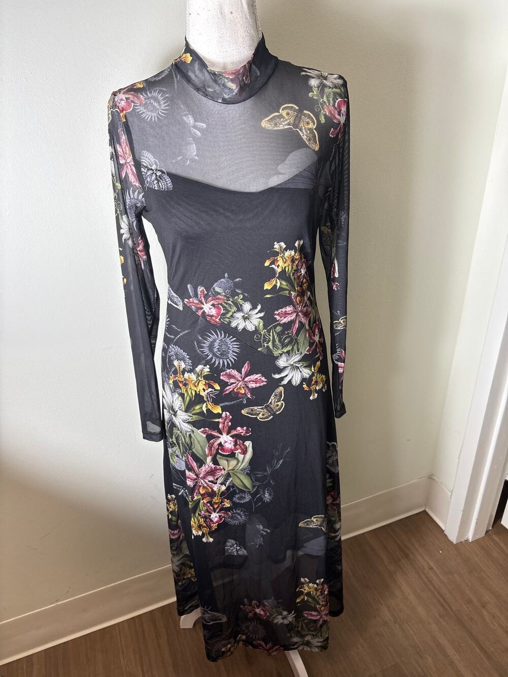 NWT All Saints Black Floral Sheer Long Sleeve Maxi Dress Sz 6
